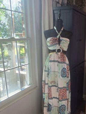 Strapless Halter Patchwork Print Maxi Dress in Multi-Color